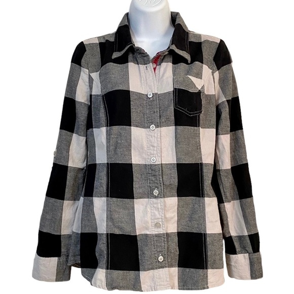 Black White Long Sleeve Button-down Plaid Cotton Flannel Shirt Medium Grunge - Picture 4 of 15